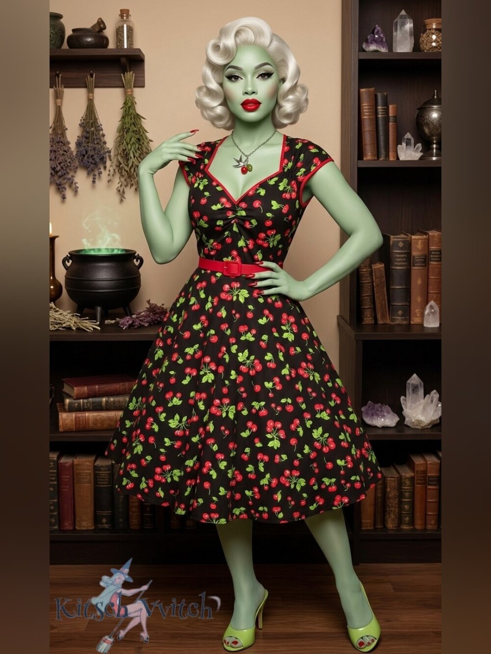 🍒Cherry Print Heidi Swing Dress By Pinup Couture - M- Size 8 Like New - Picture 1 of 7